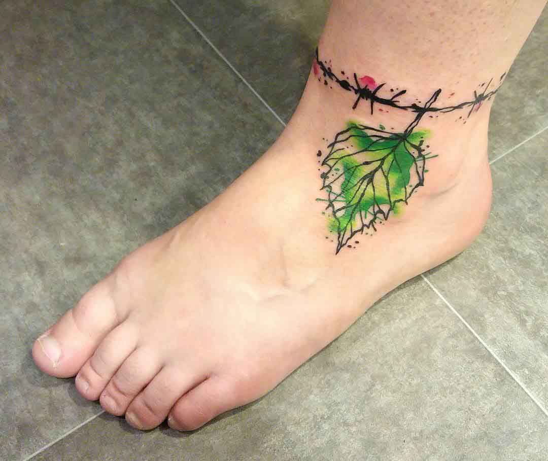 watercolor leaf tattoo on ankle