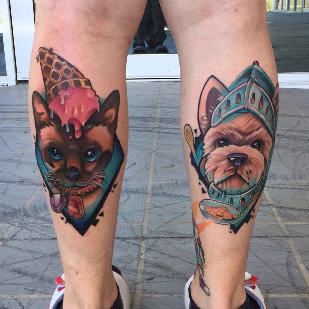calf tattoos cat and dog new school style
