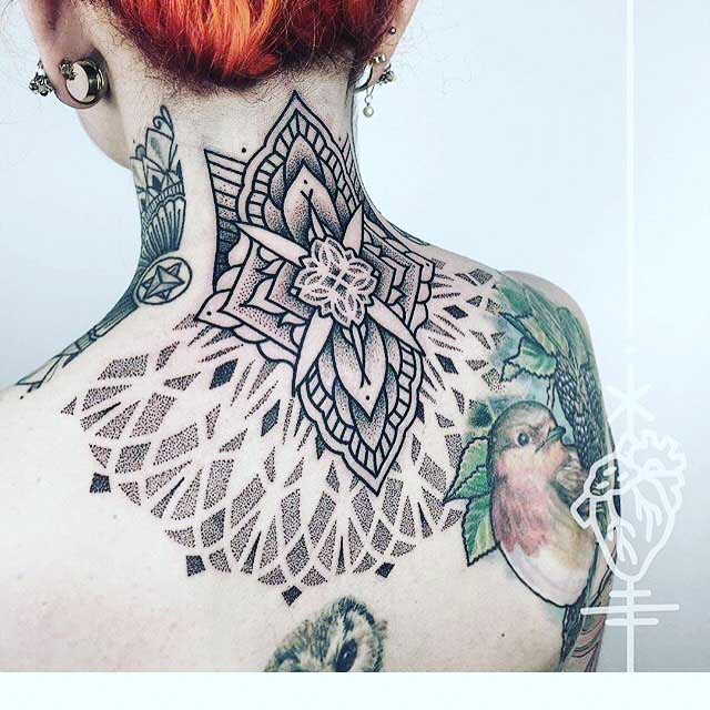 back neck tattoo girl nape dotwork mandala-like