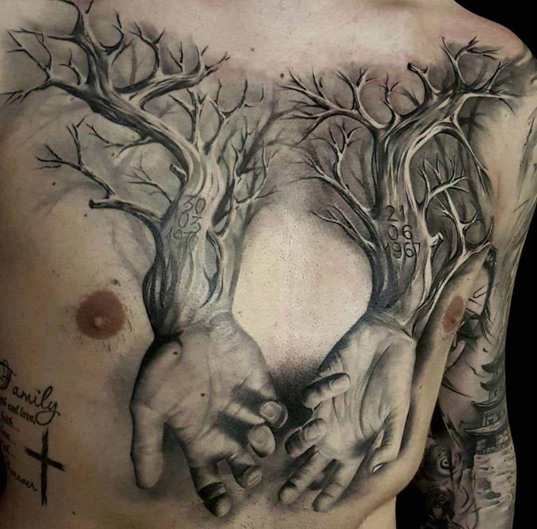 chest tattoo woden hands