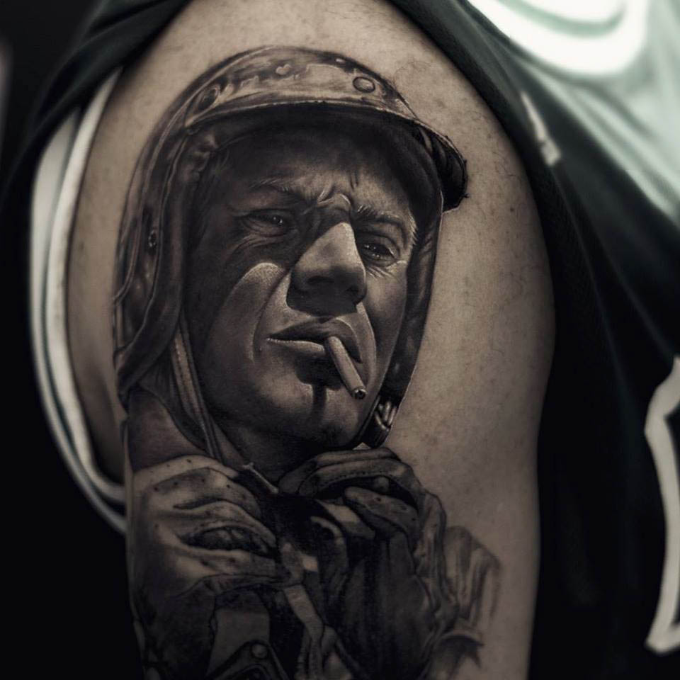 realistic portrait tattoo on shoulder black and grey