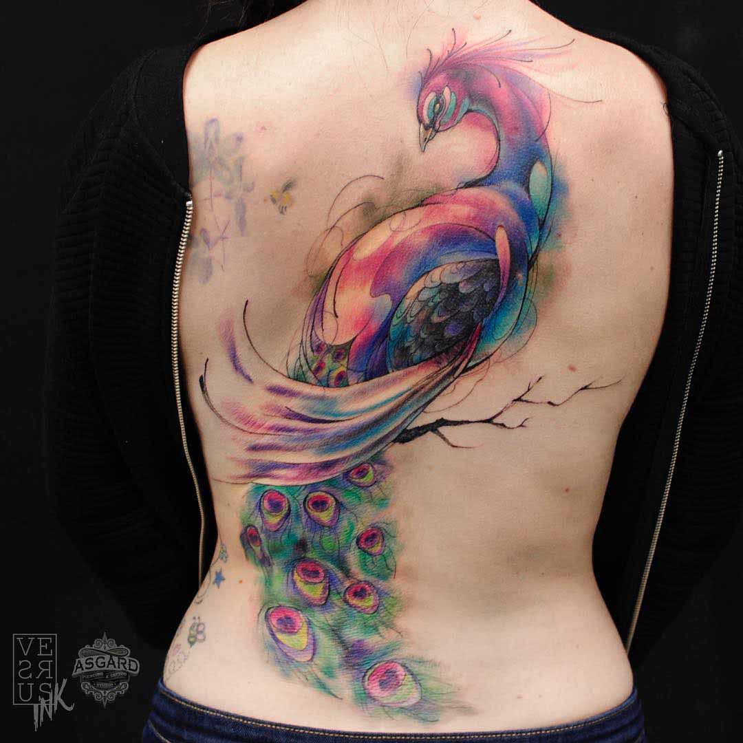 back peacock tattoo watercolor style
