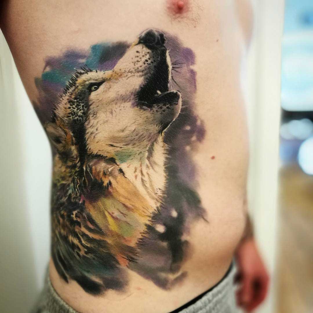 side tattoo wolf howling realism