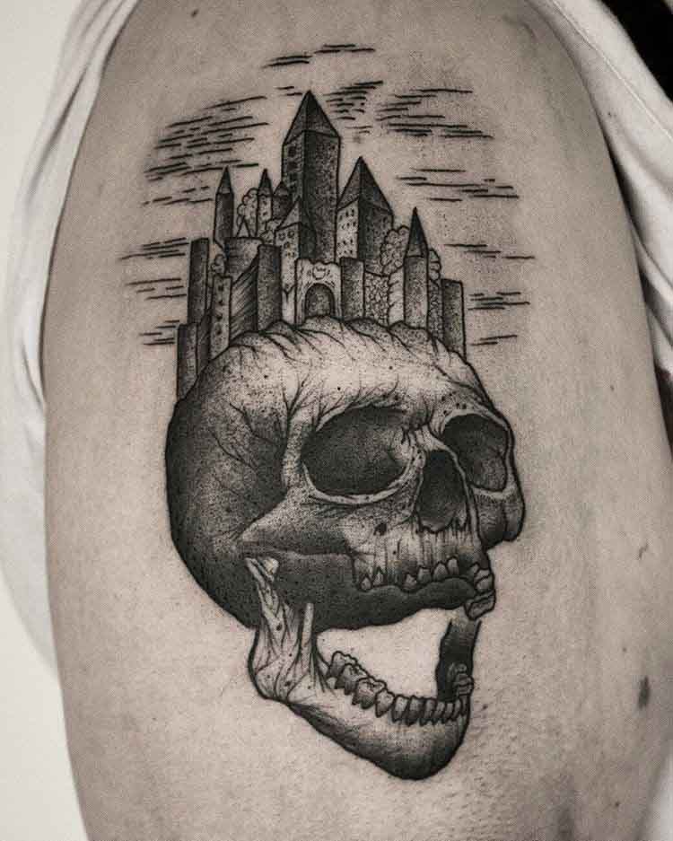 shoulder tattoo castle