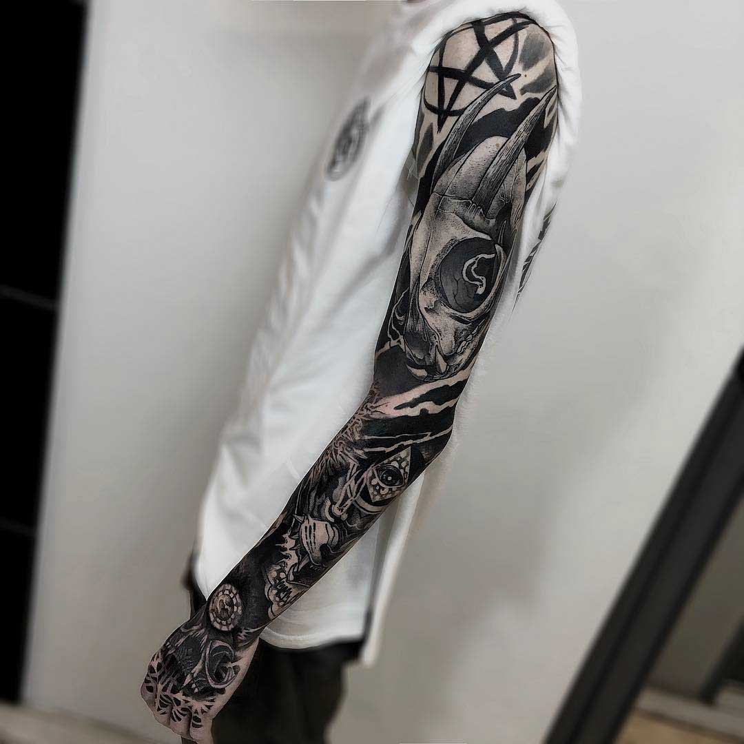 pull skull tattoo sleeve dark