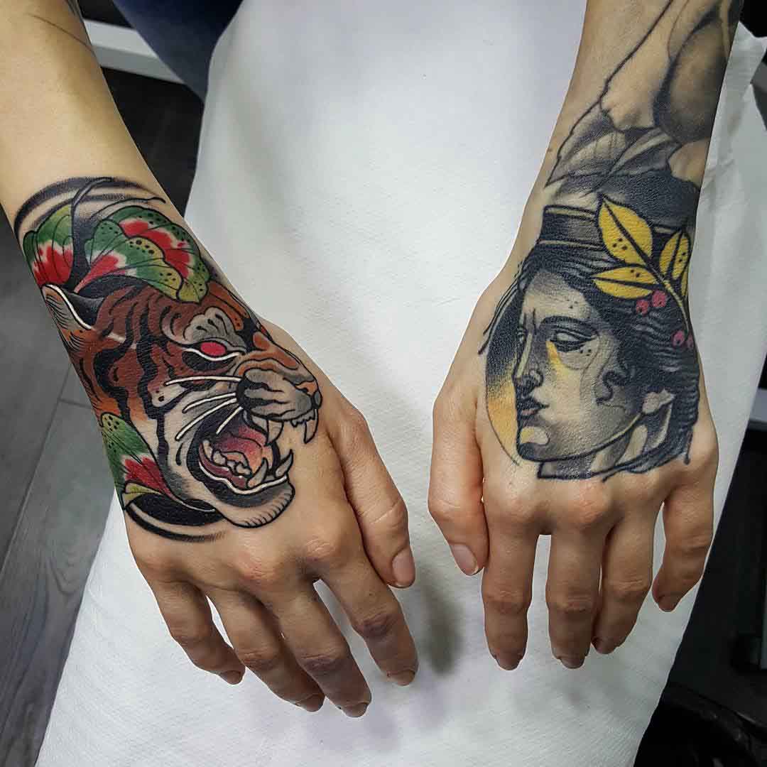 tiger and girl tattoos on hands