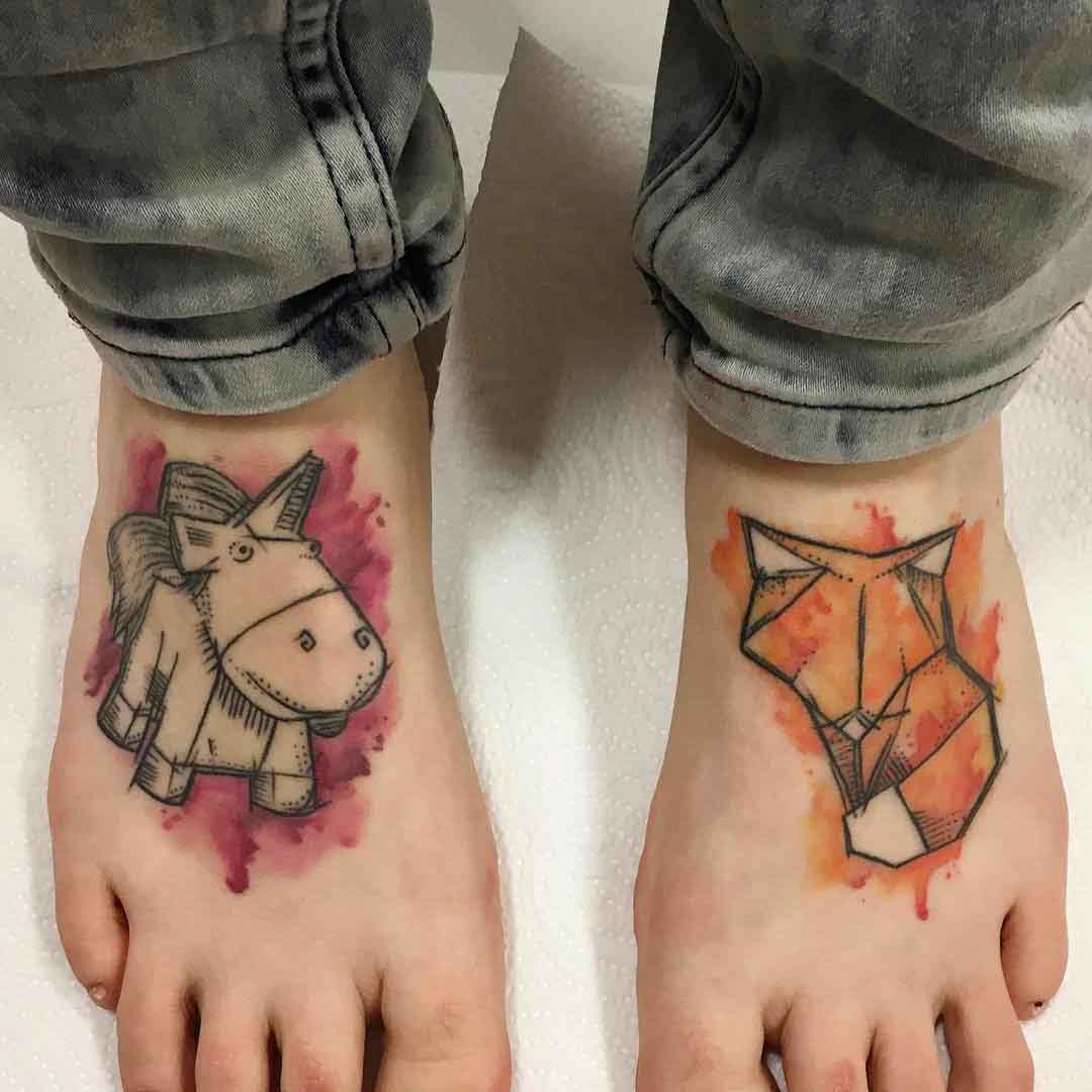 unicorn abd fox tattoos on feet