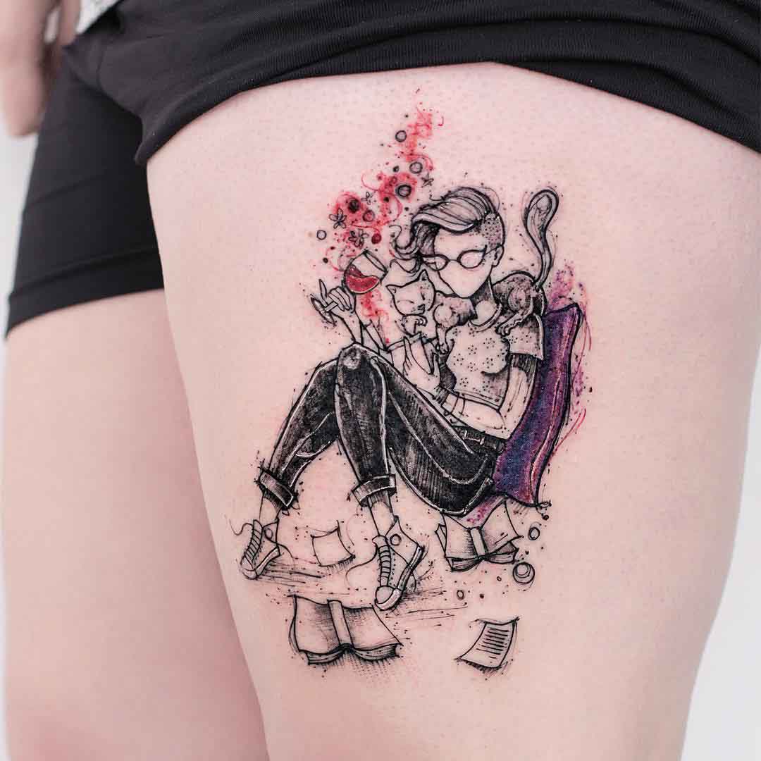 watercolor tattoo on thigh reading man cosy design