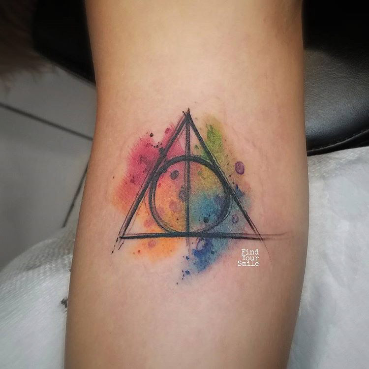 watercolor tattoo deathly hollows harry potter themed design