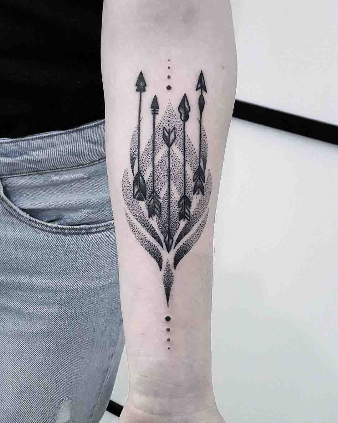 arm tattoo dotwork style five arrows