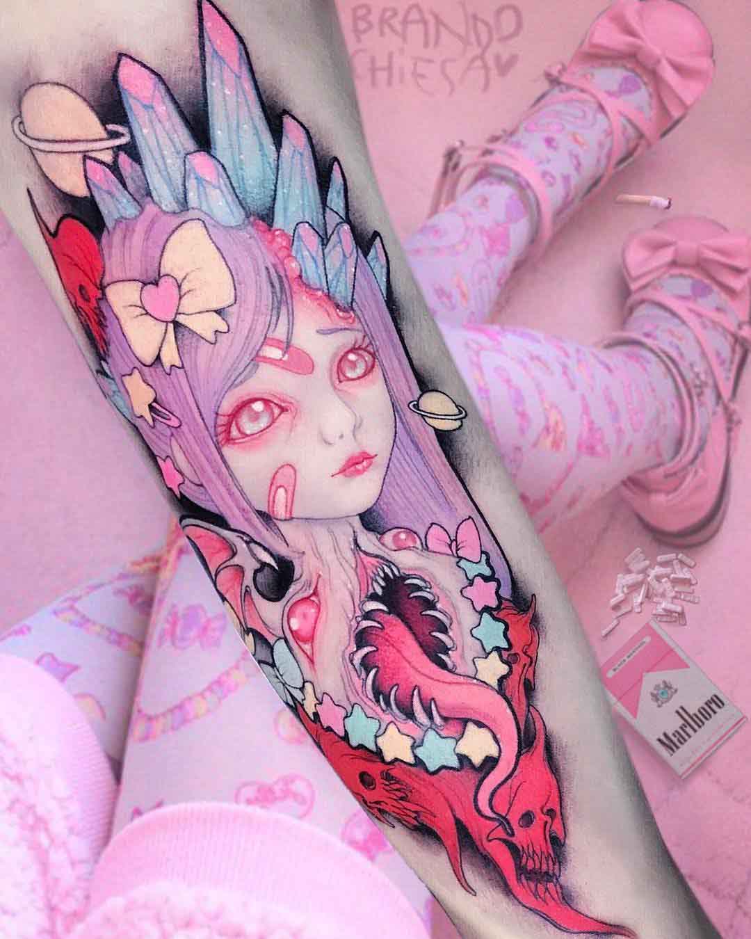 anime tattoo princess galactic parasite, pink tattoo