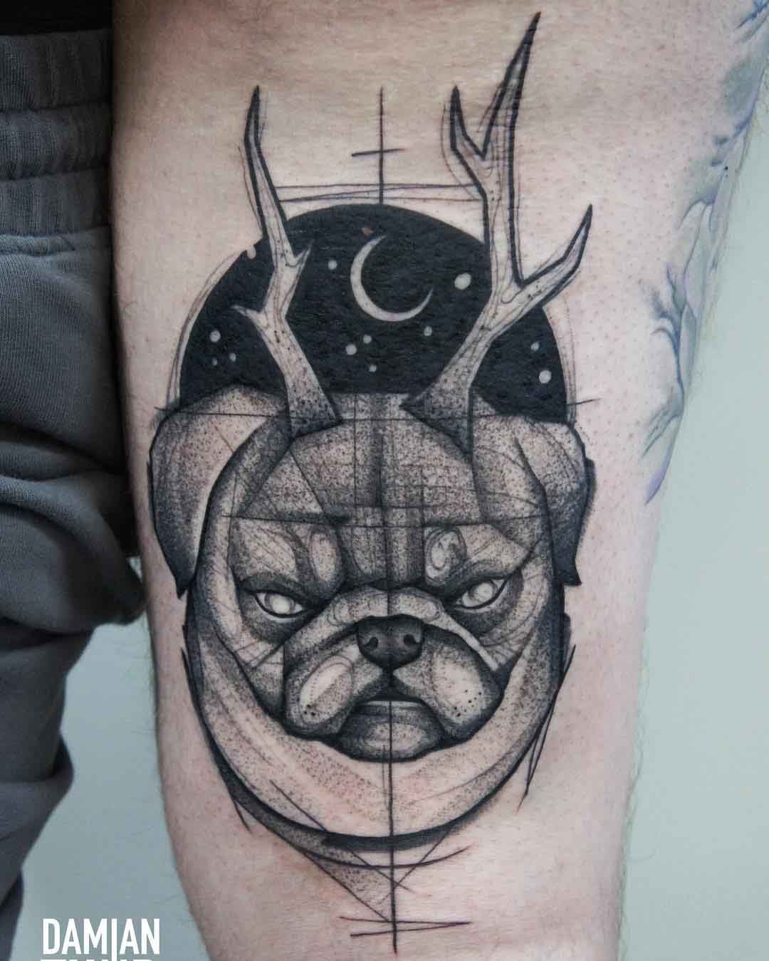 bull dog with antlers tattoo