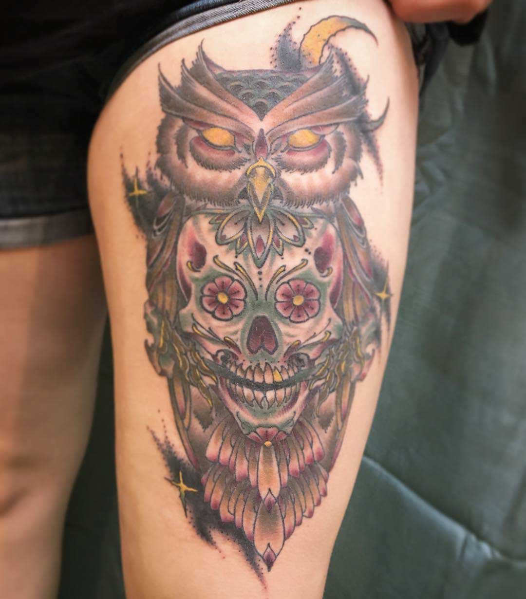 owl tattoo sugar skull on thigh