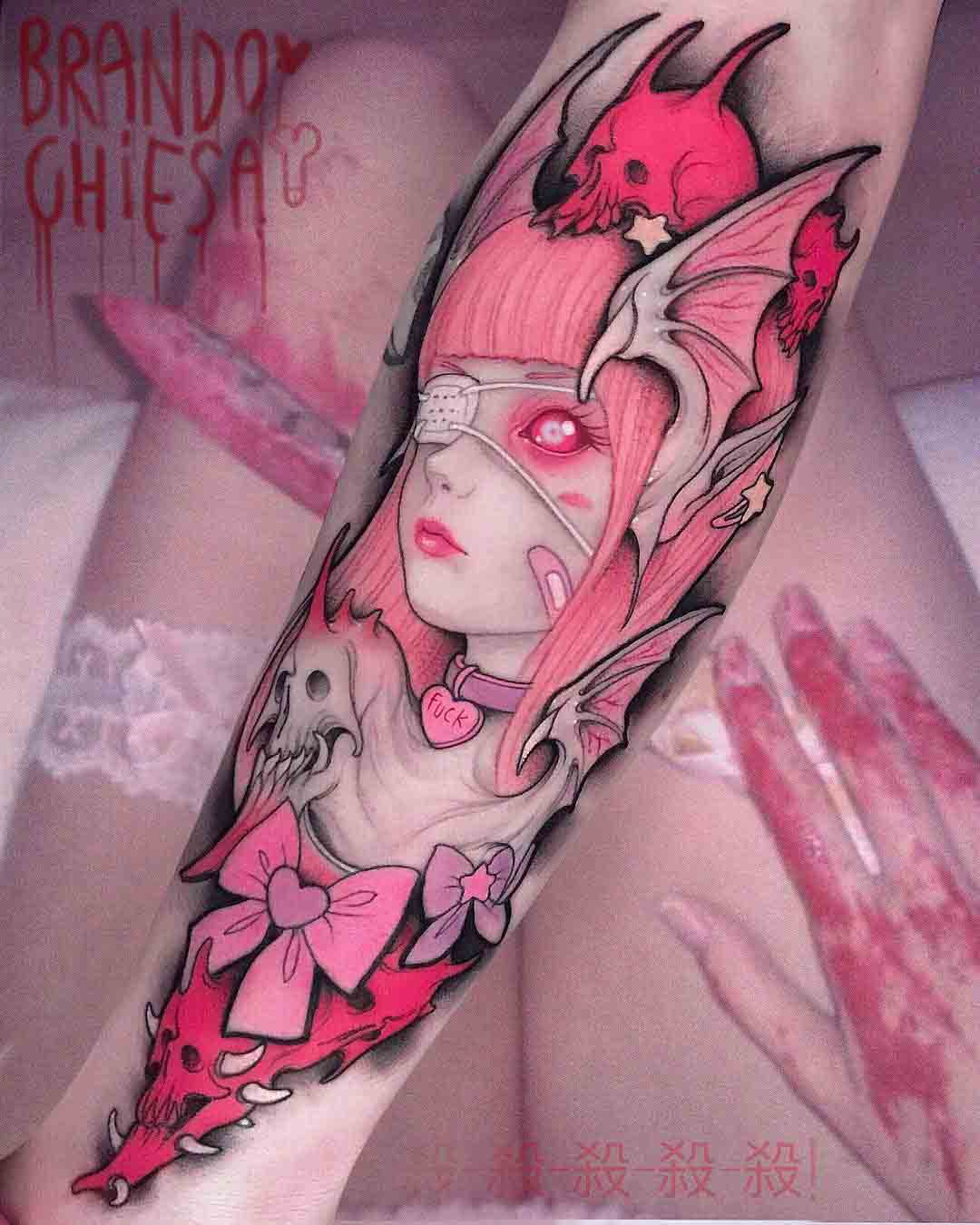 pink tattoo on arm super sonico design