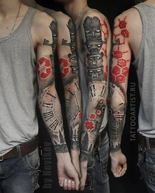 trash polka tattoo sleeve totem