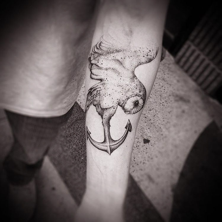 arm tattoo owl with anchor