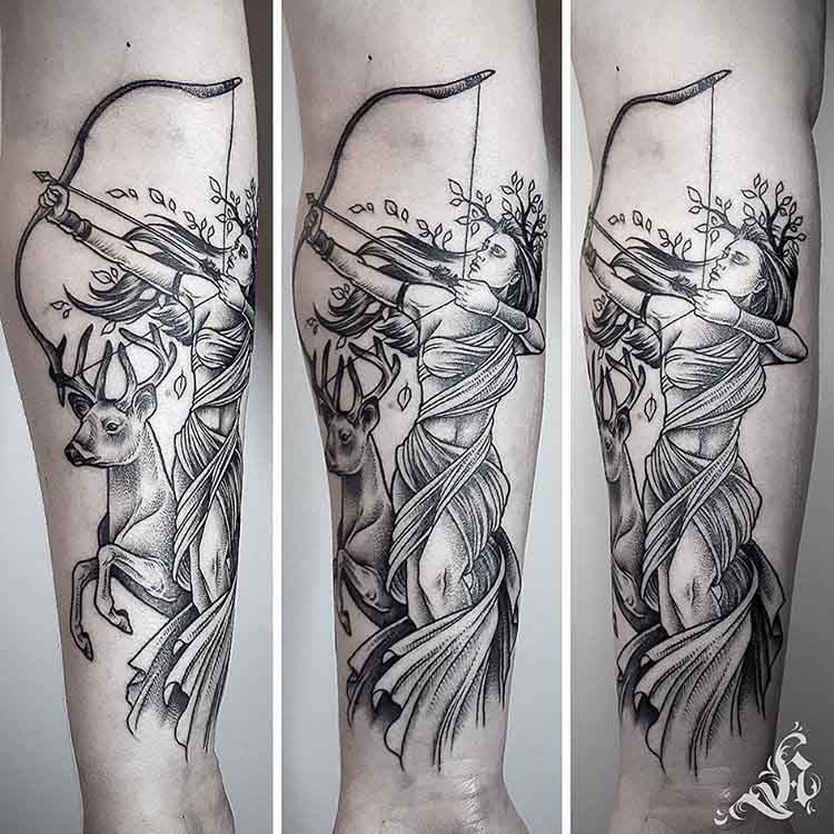 dotwork artemis tattoo on arm