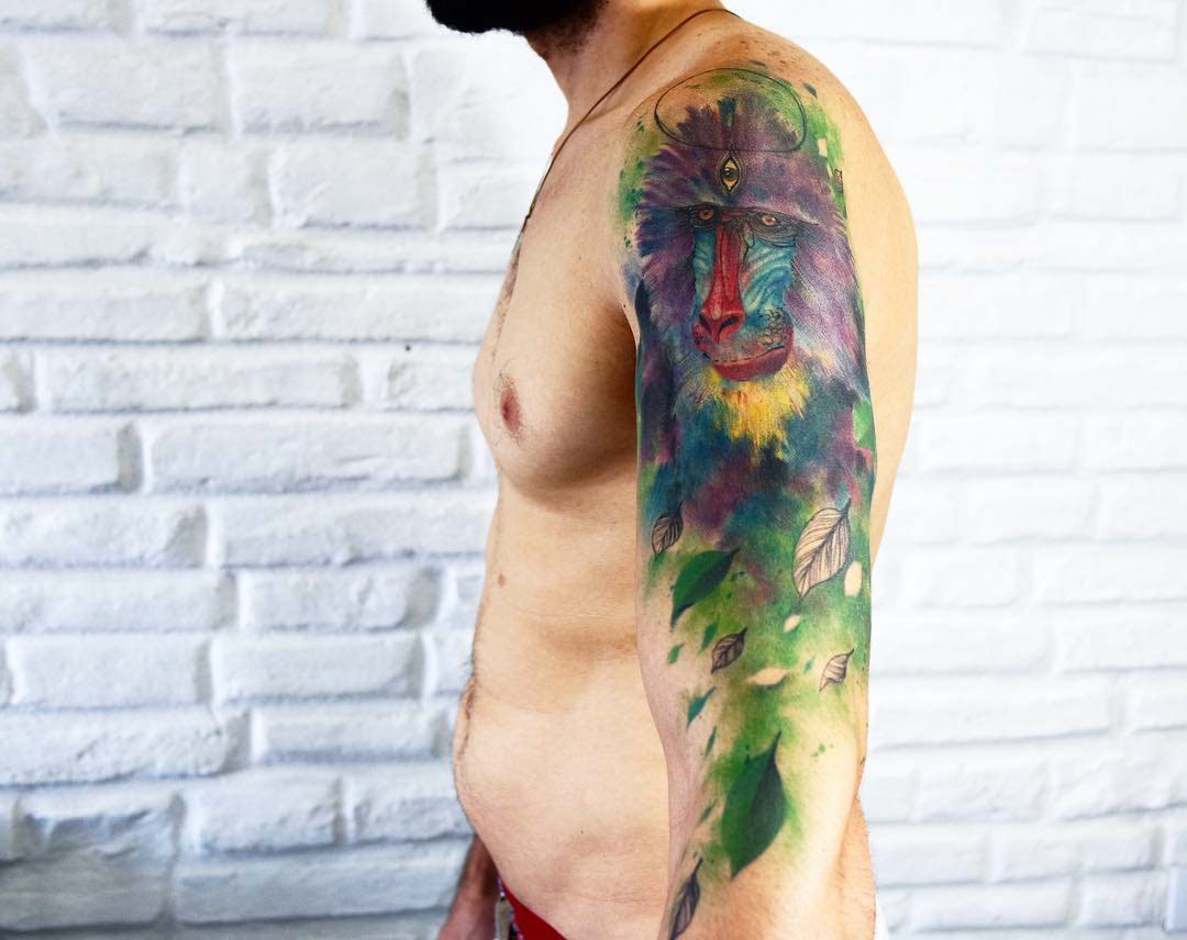 watercolor shoulder tattoo baboon