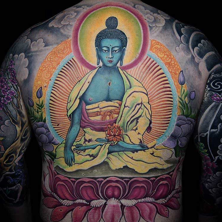 blue buddha tattoo on back