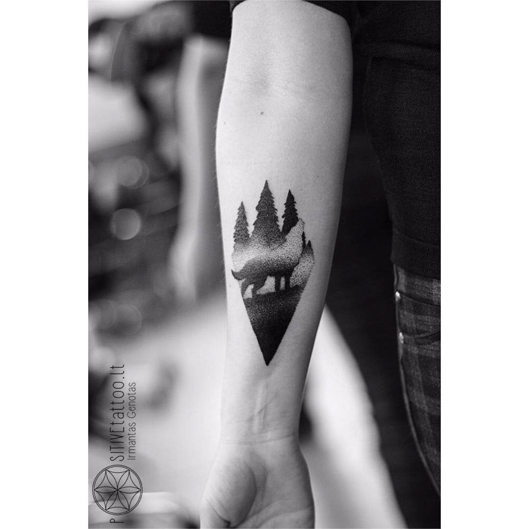 arm tattoo dotwork howling wolf