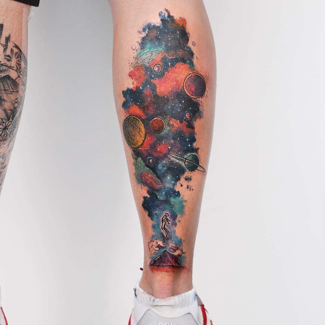 calf watercolor tattoo space