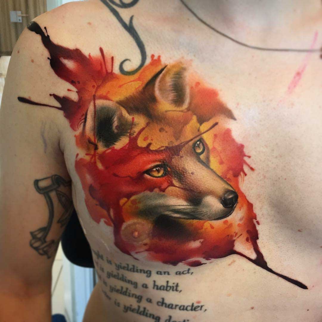 fox tattoo on chest watercolor style
