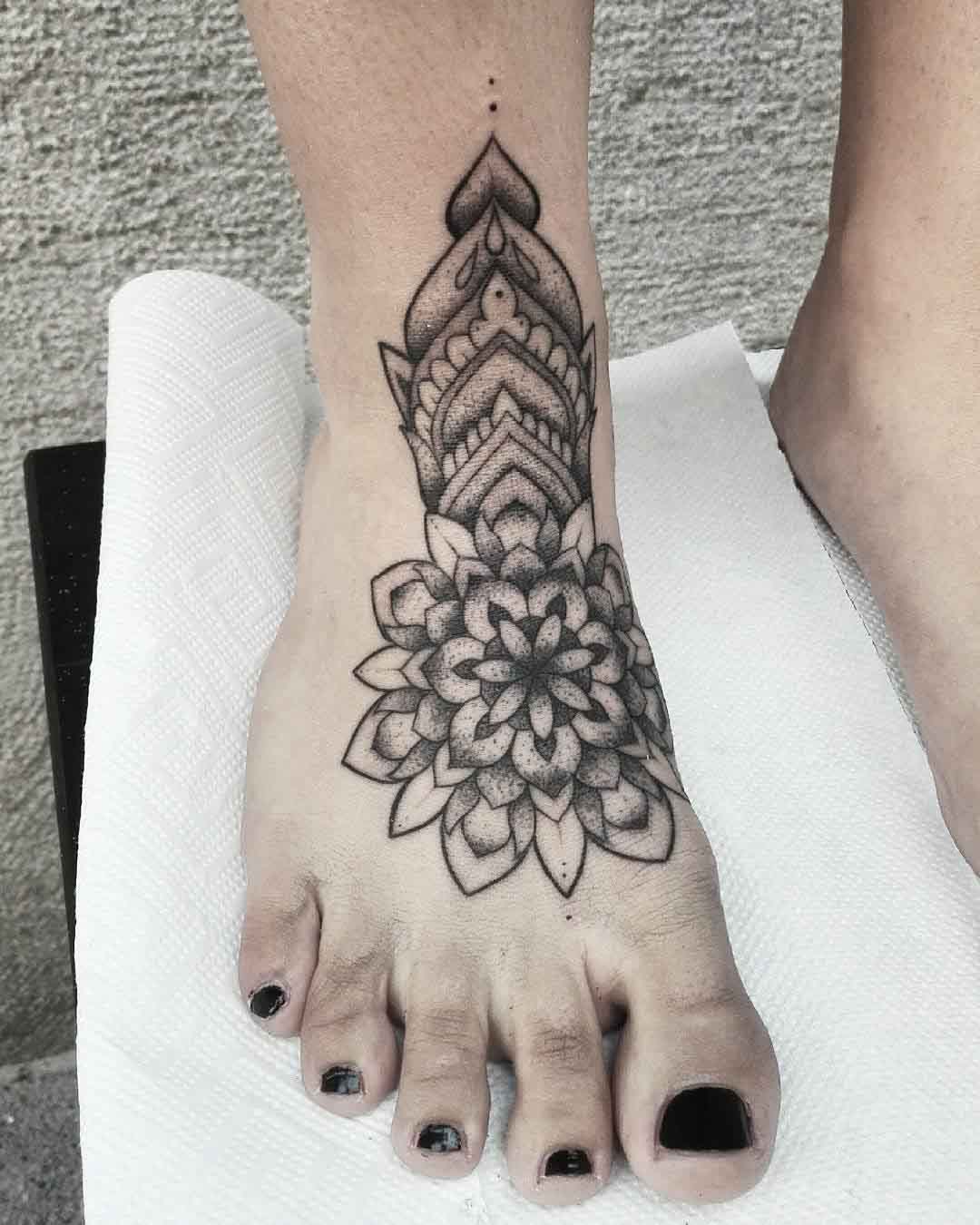 foot tattoo dotwork mandala