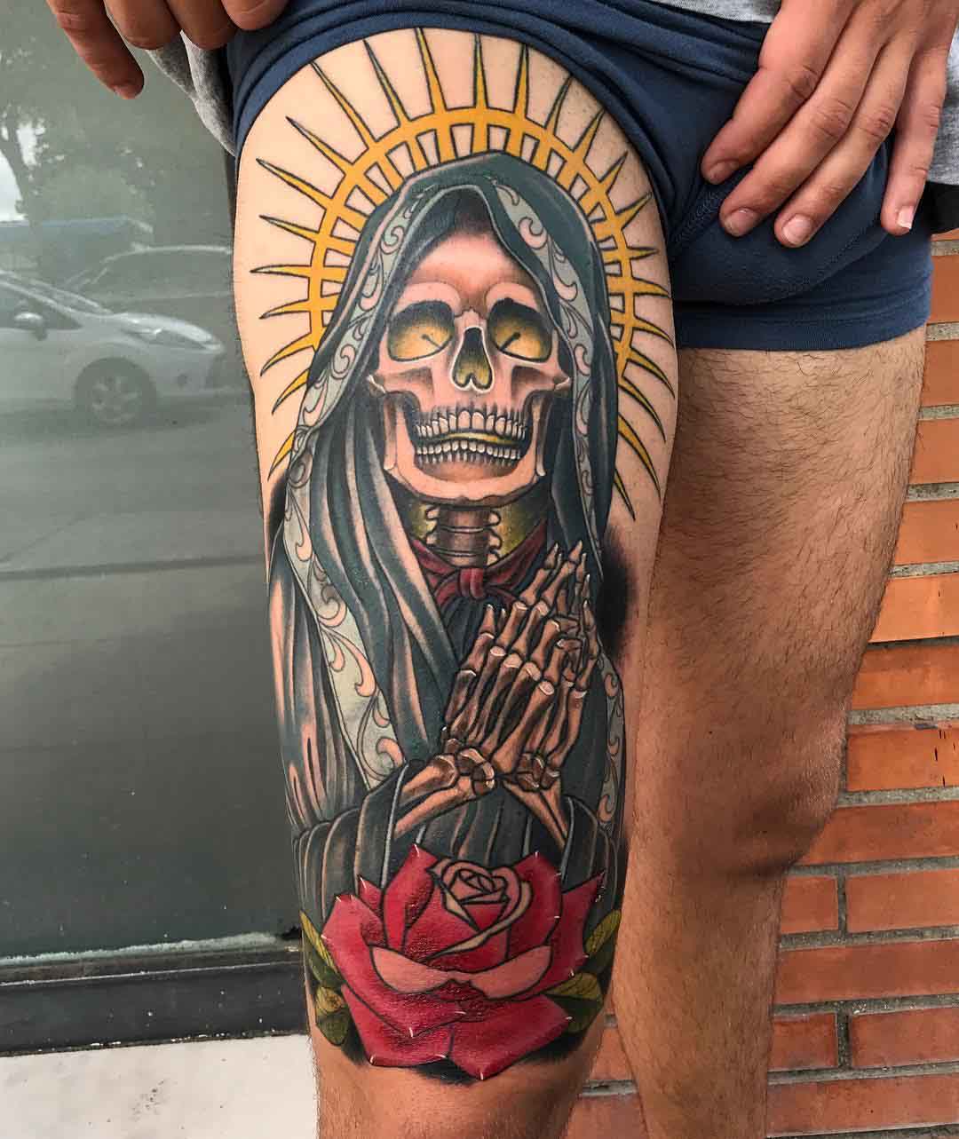 thigh tattoo Santa Muerte