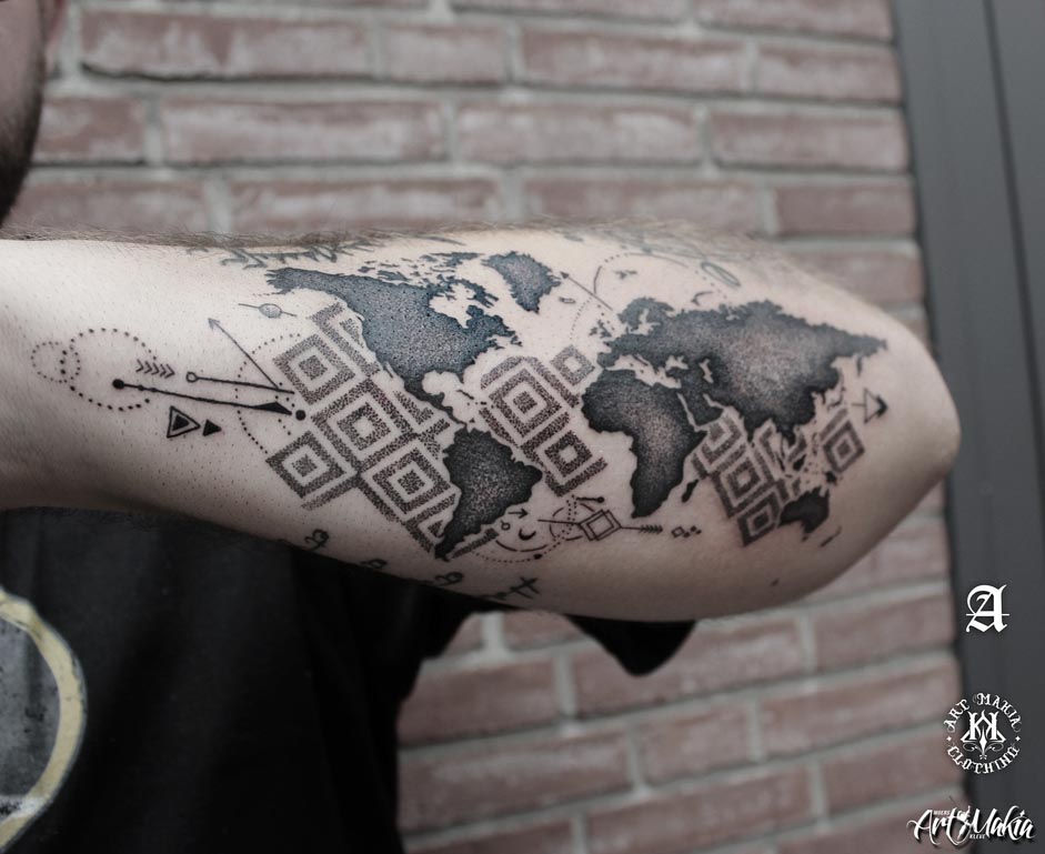 dotwork tattoo world map on forearm