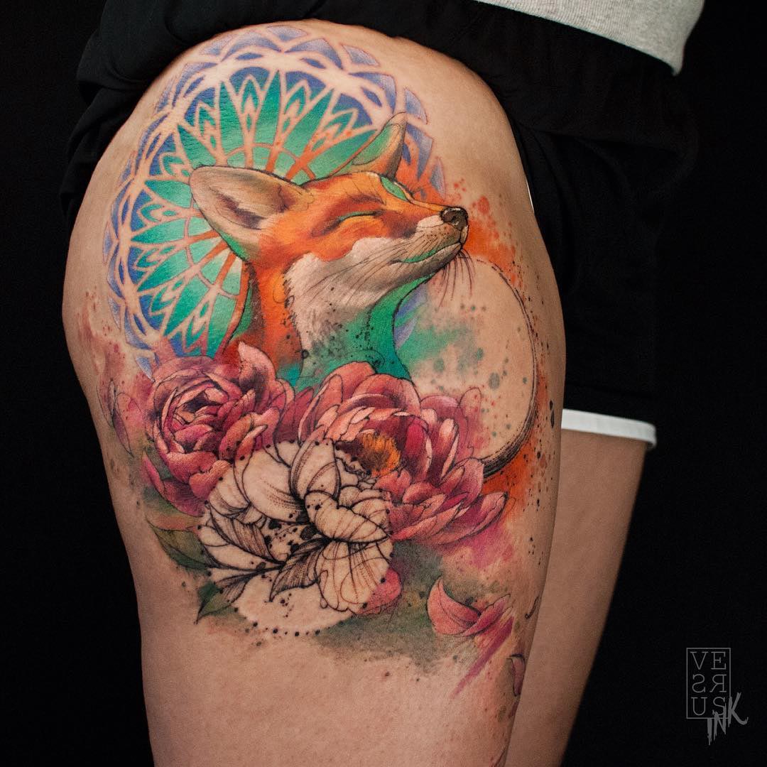 thigh tattoo happy fox