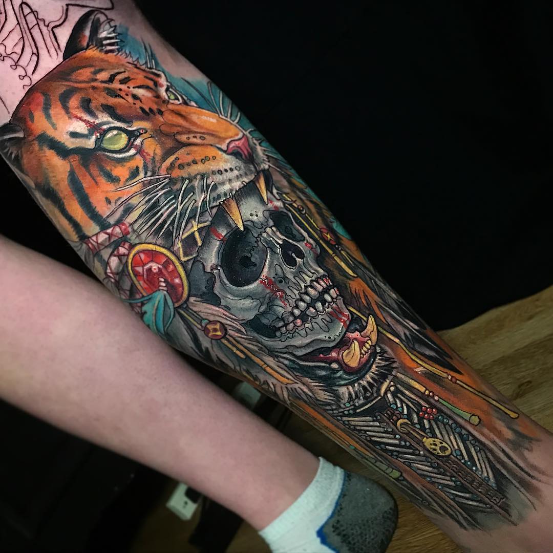 arm tattoo skull in tiger's mouth