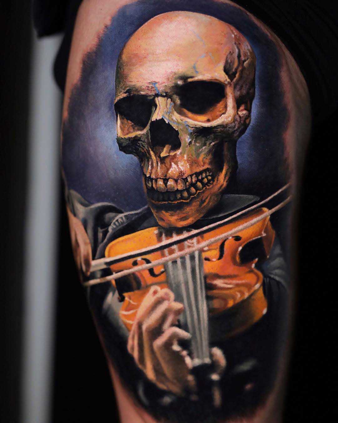 skull tattoo with violin