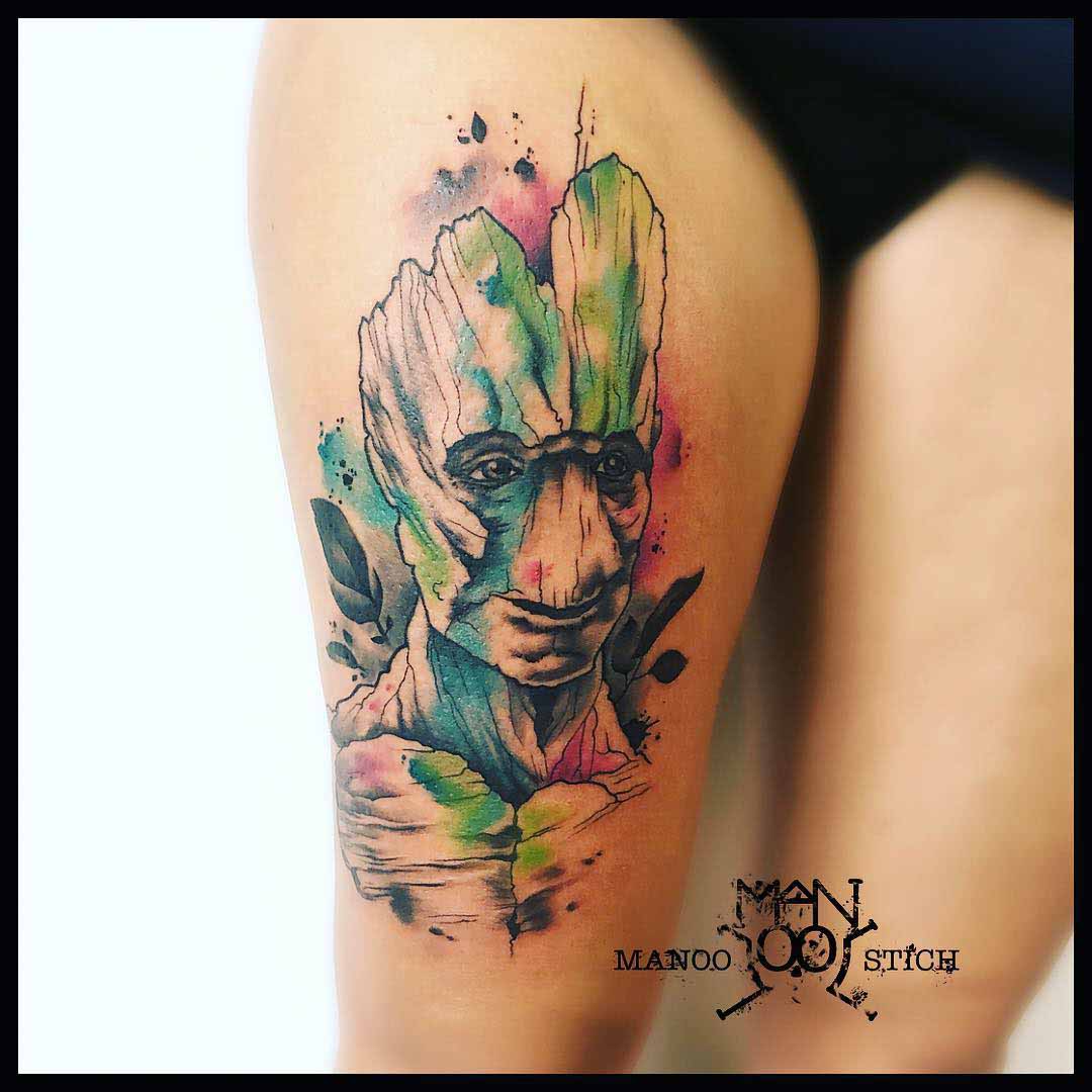 thigh tattoo groot portrait watercolor style