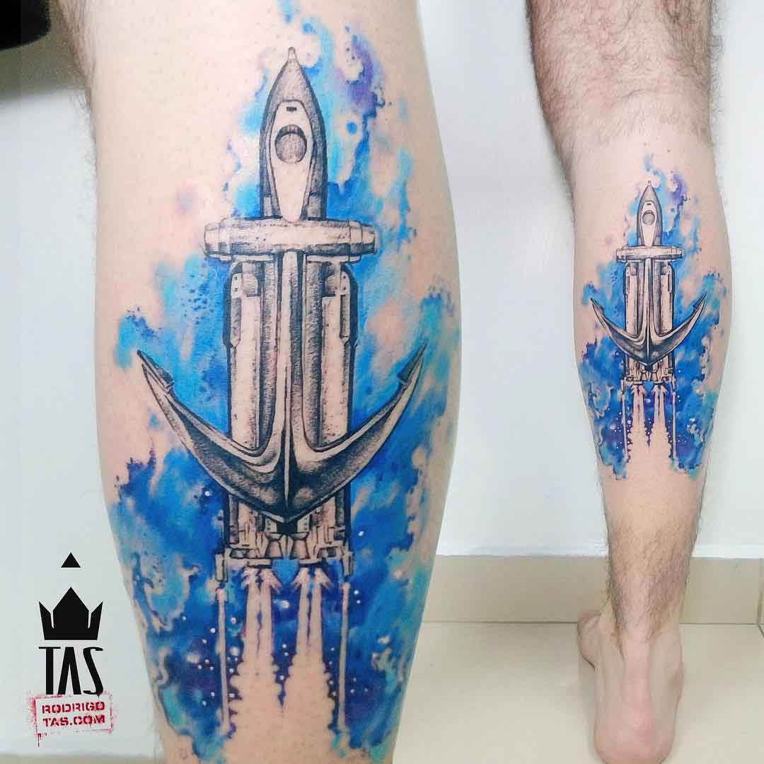 calf tattoo watercolor space ship anchor