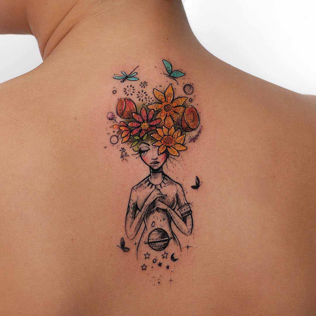 upper back flowers girl tattoo