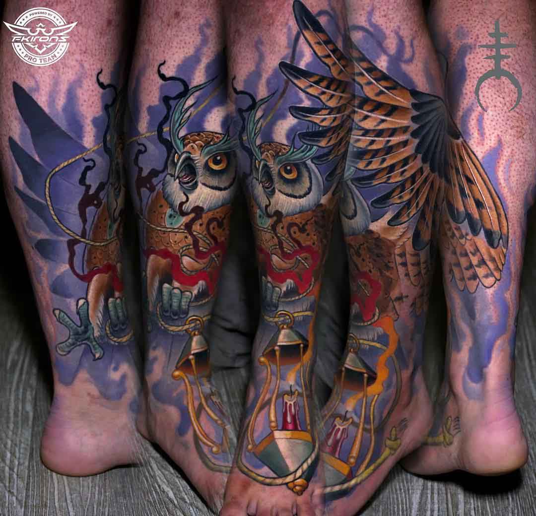 foot to leg tattoo wol with lantern