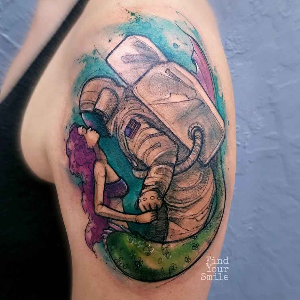 shoulder tattoo watercolor mermeid and astronaut