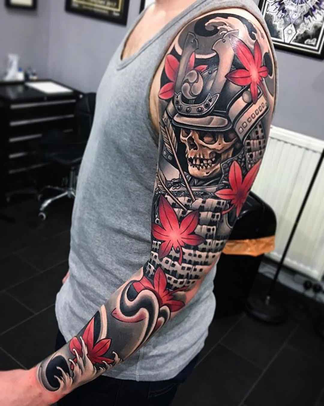 tattoo sleeve samurai skeleton