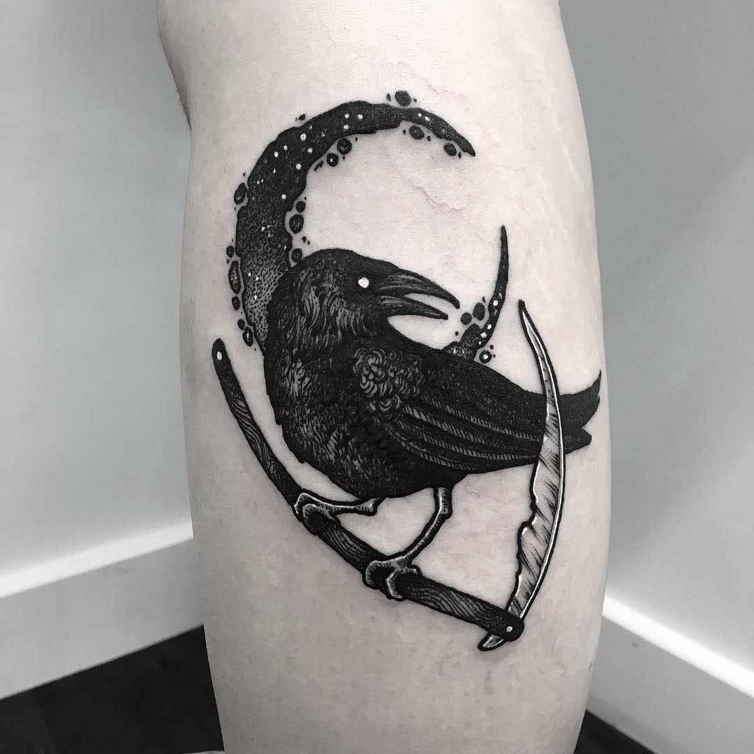 calf tattoo raven moon