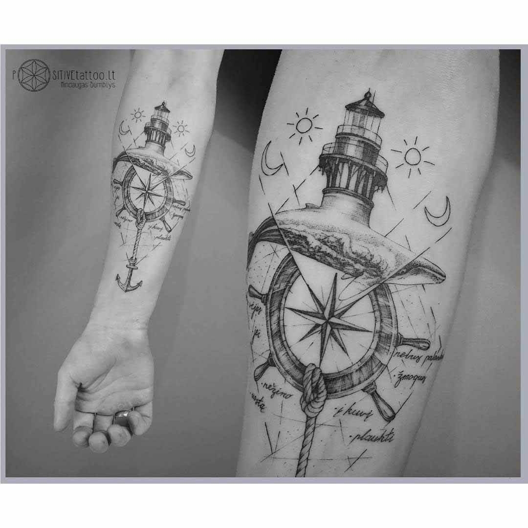 nautical tattoo on arm light house, steering wheel, rope anchor