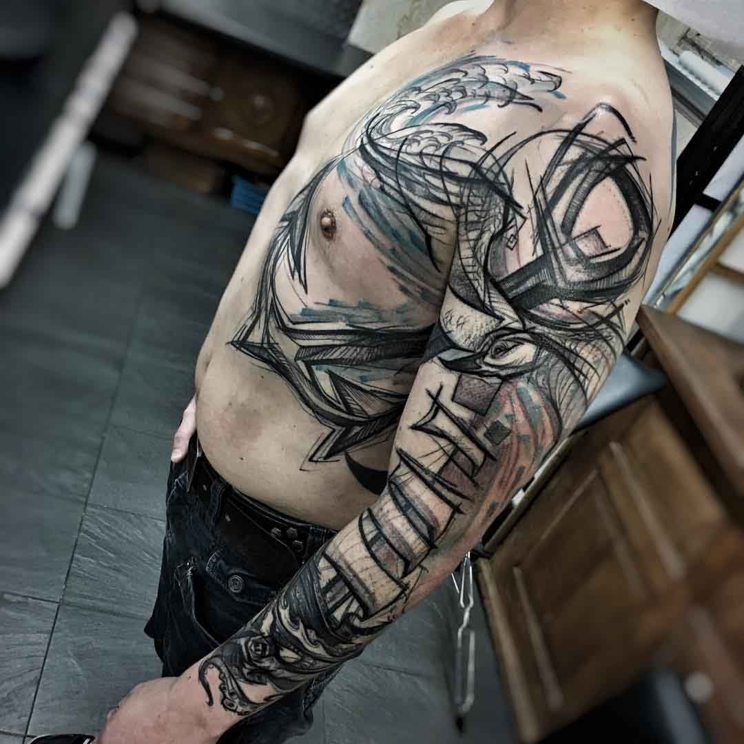 side torso and sleeve anchor tattoo