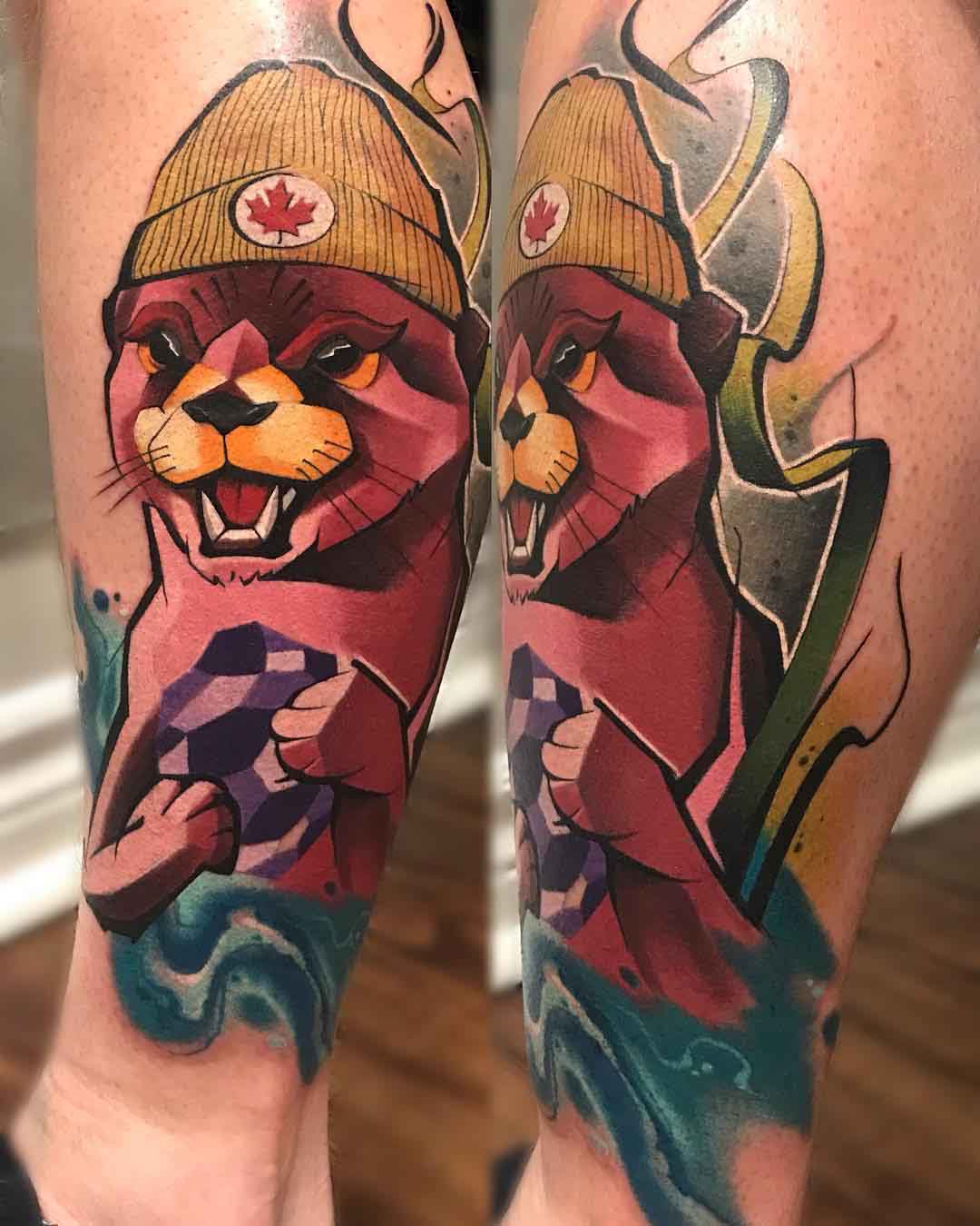 arm tattoo otter in hat