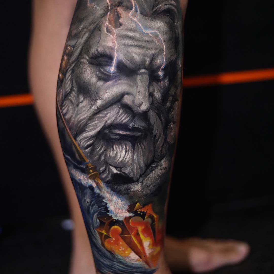 neptune tattoo poseidon on leg