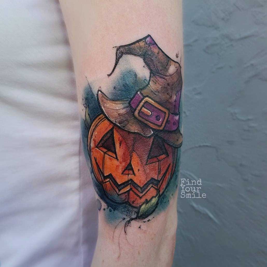 pumkin tattoo watercolour jack-o-lantern
