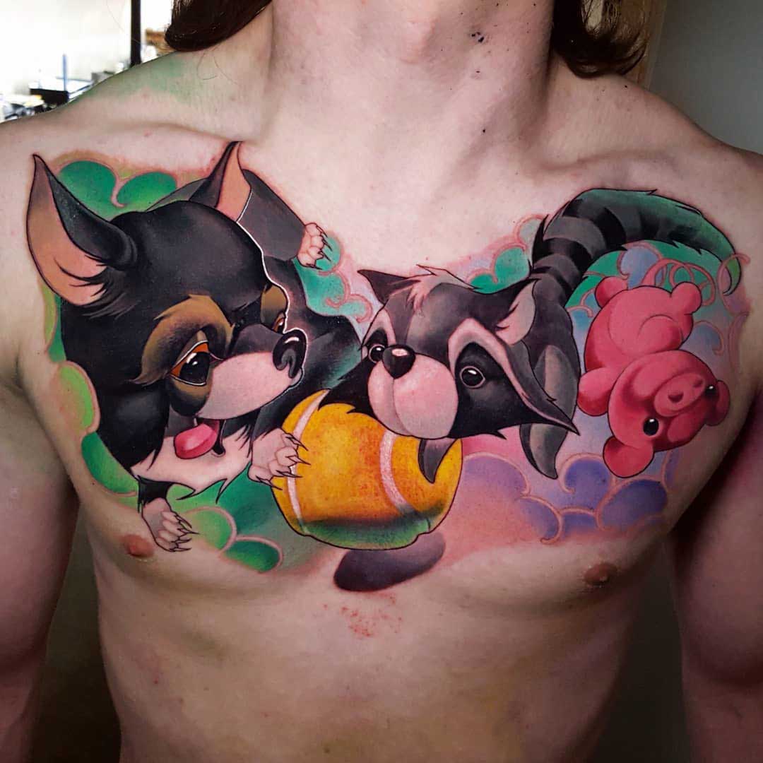 chest tattoo dog with toy new school