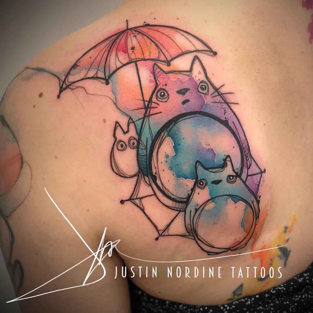 watercolor cats tattoo with umbrella