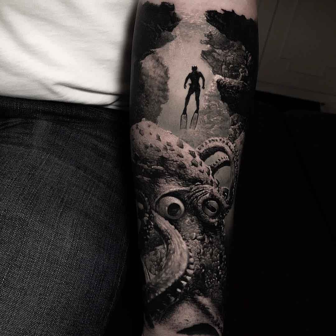 black and grey tattoo diver