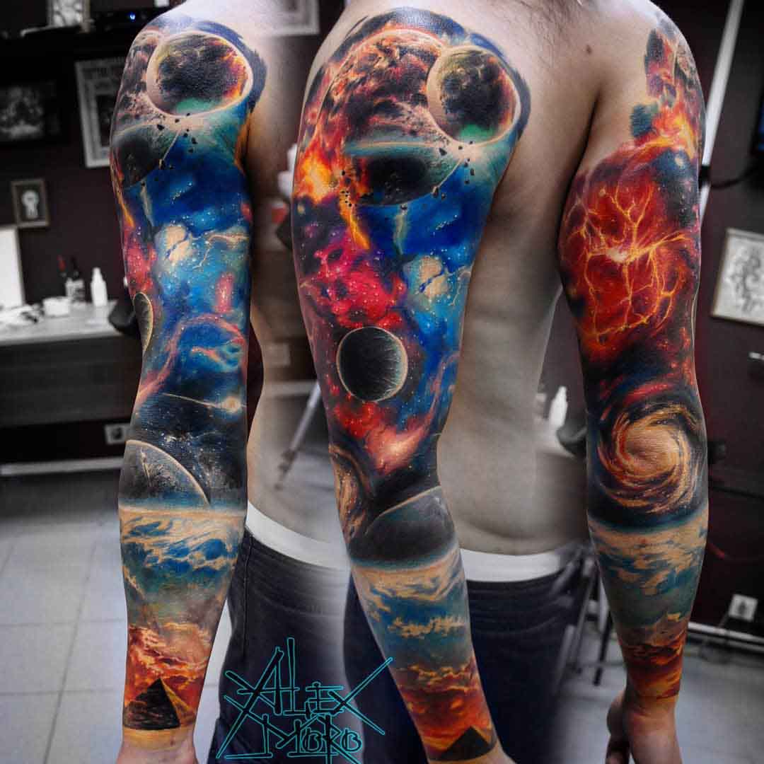 collapsing planets tattoo sleeve space