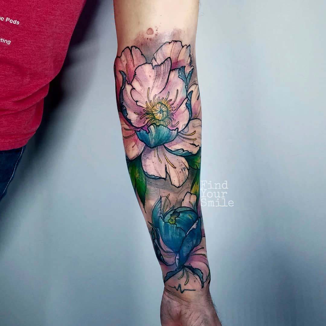 forearm tattoo flowers watercolor style
