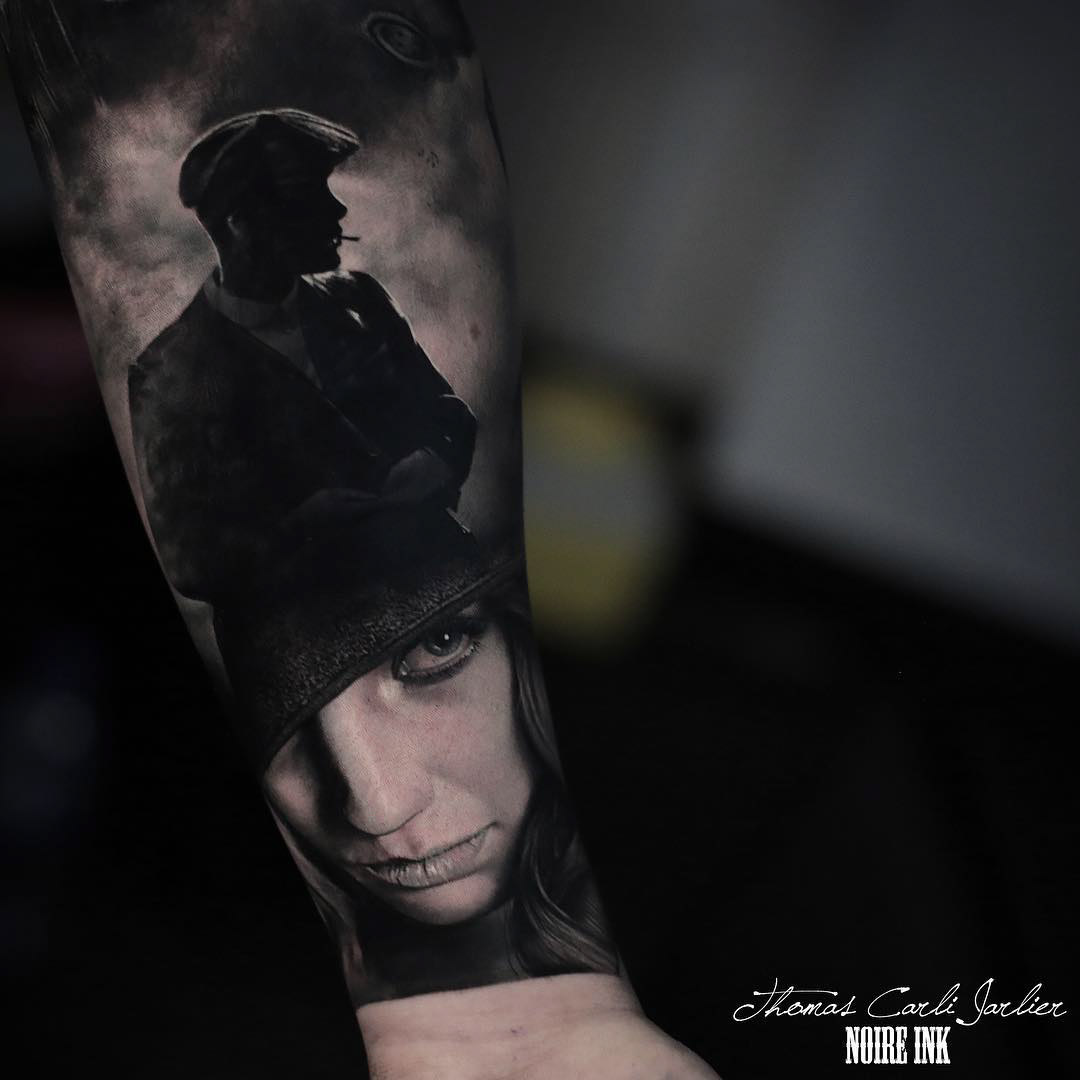 arm sleeve tattoo peaky blinders black and grey style